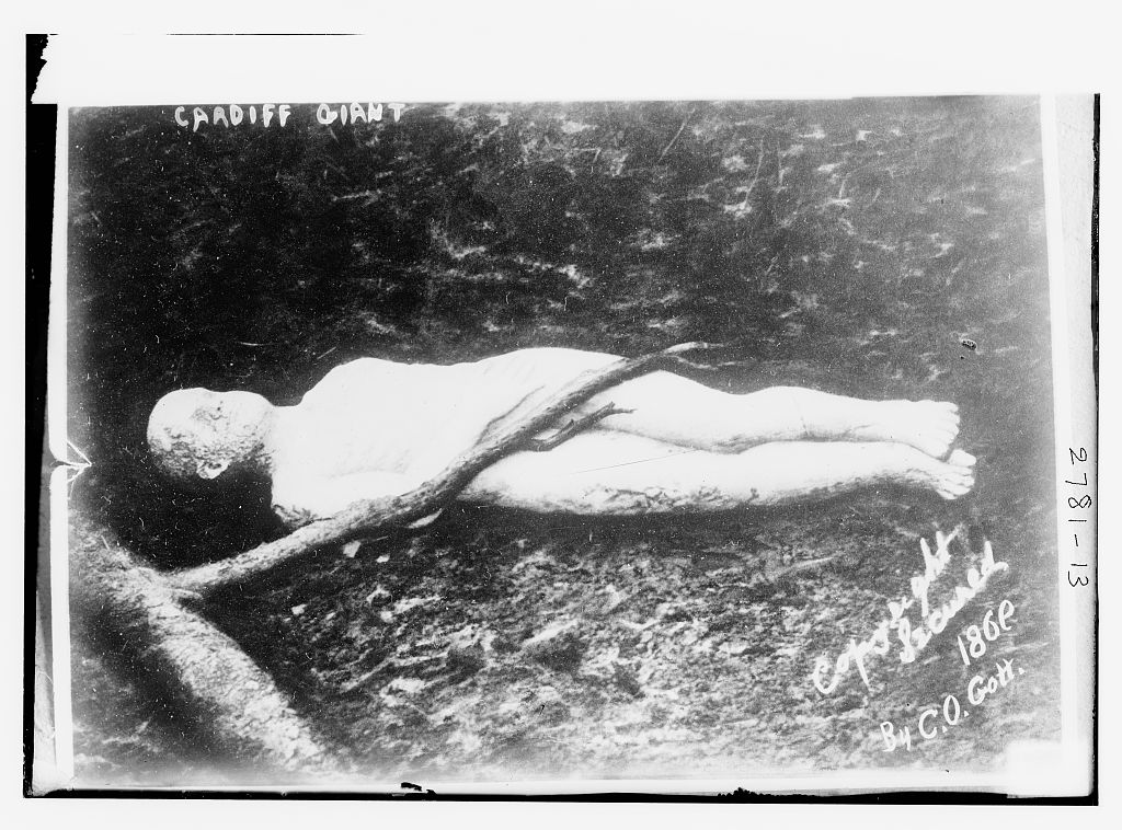 The ten-foot Cardiff Giant stone figure lying on display